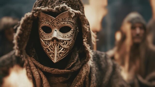 Slavic or Nordic hooded warrior in a golden mask, magician or witch standing among fires with medieval warriors behind holding torches. Fantasy folklore cinematic footage.