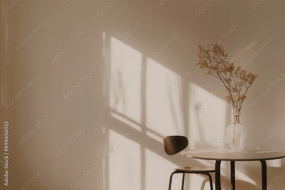 Poster A modern room with a table and chair illuminated by bright sunlight streaming through a window. Generative AI