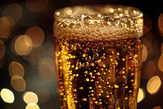 Golden beer with frothy head and sparkling bubbles capturing refreshment coolness and festive vibes perfect for bars pubs and beverage advertising