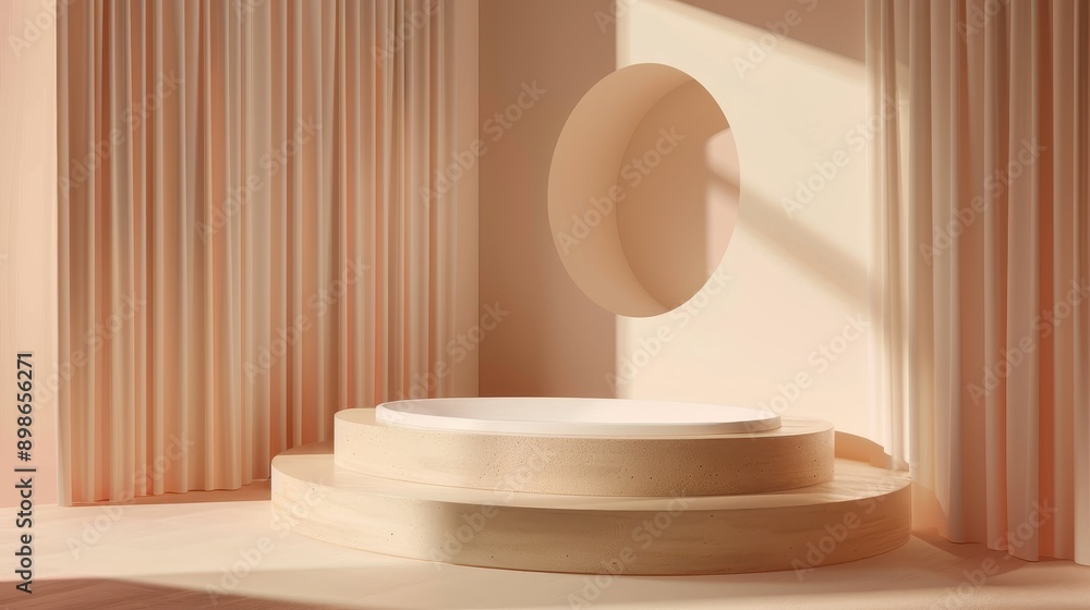 Poster minimalist product display with three tiered platform and arched window, bathed in warm sunlight. pe