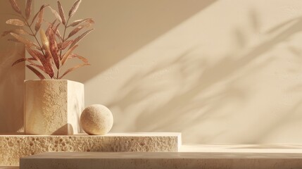 Minimalist still life with a plant, sphere and geometric shapes on a shelf in warm sunlight.