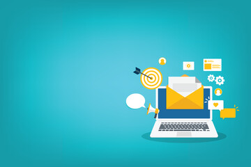 Digital email marketing. Reaching online audience with email marketing campaign, newsletter subscription. Sending marketing messages via email. Vector illustration	