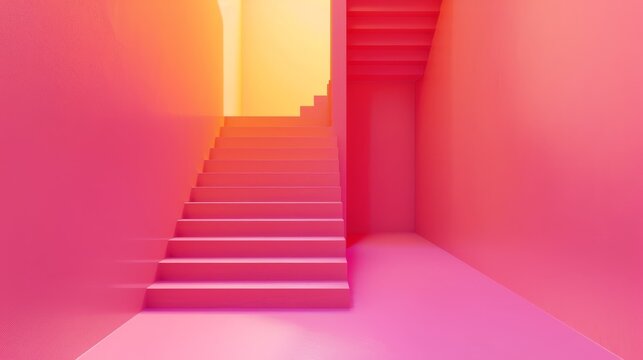 Minimalist pink and yellow hallway with staircase leading upwards. Light shines through a doorway at the top.