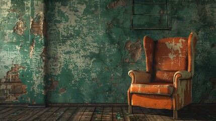 A worn, red armchair sits in an abandoned room with peeling green paint on the walls and wooden floorboards.