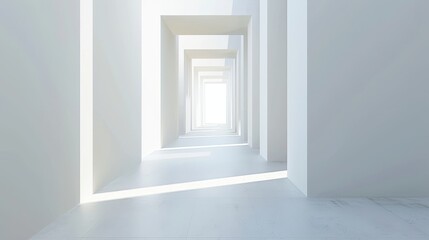 Abstract white hallway with light at the end. Minimalist architecture concept.