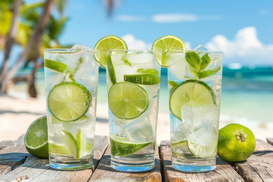 Refreshing lime and mint water on a sandy beach capturing tropical vibes and natural refreshment perfect for vacation and wellness advertising