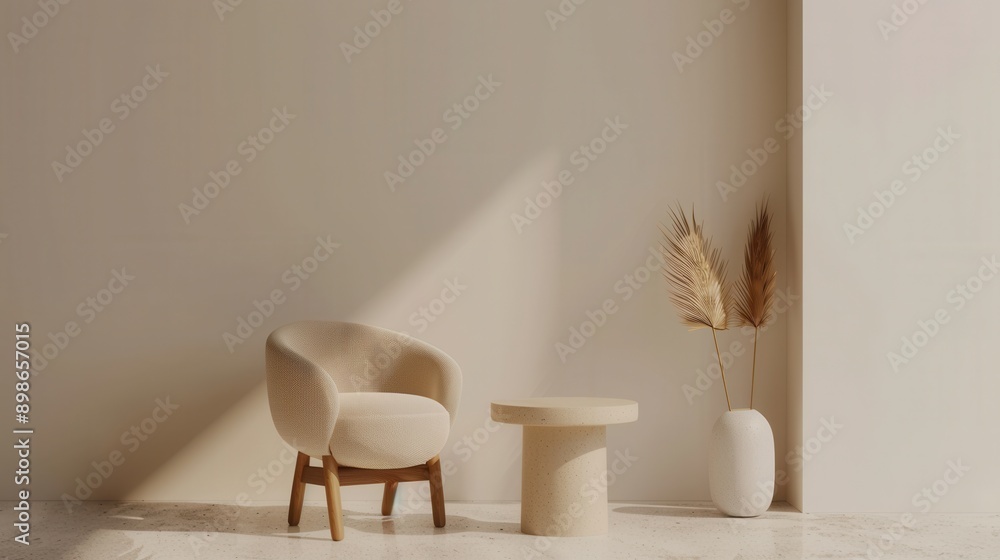 Poster cream armchair with wooden legs near side table with dried flowers, sunlight filters through window 