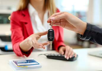 Fototapeta premium Female Sales Manager Smilingly Hands Over Car Keys to Customer, White Office Desk Setting with Documents
