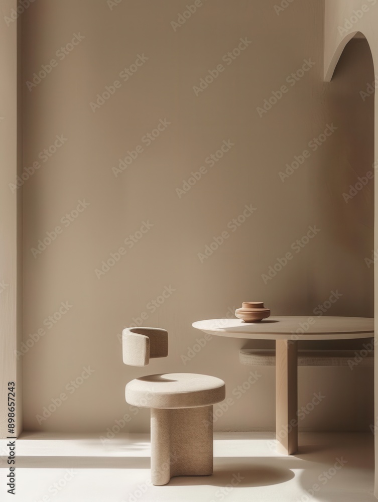Aufkleber A beige chair with a unique curved backrest sits near a round table with an unusual base. The room is painted in a light beige shade and features soft natural lighting. Generative AI