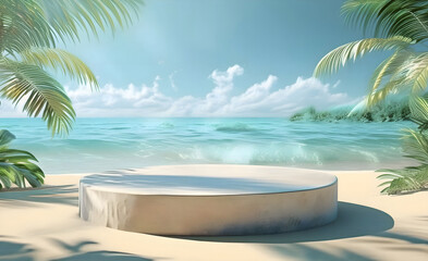 Obraz premium Beach podium summer background sand product 3D sea display platform. Beach podium summer banner stand scene sale sky holiday vacation stage water island sun travel pedestal promotion presentation ad