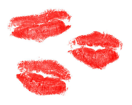 A variety of lipstick kisses on an isolated background for a makeup cosmetic ad or love romance concept.