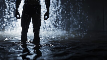 Fototapeta premium Silhouette of a man standing in a pool of water with a waterfall in the background.