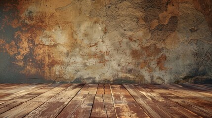 Rustic wooden floor against a weathered, textured wall. Perfect for vintage, industrial, or grunge backgrounds.
