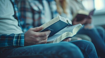 A close-up of a person holding an open Bible while sitting among others in a thoughtful setting, conveying a sense of reflection and community. 