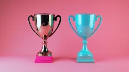 Two trophies, one silver and one blue, stand on pink bases against a pink background.