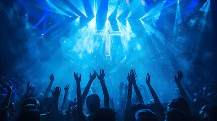 A vibrant concert scene featuring a crowd with raised hands illuminated by blue lights and a glowing cross in the background, creating a powerful atmosphere of worship and celebration. 