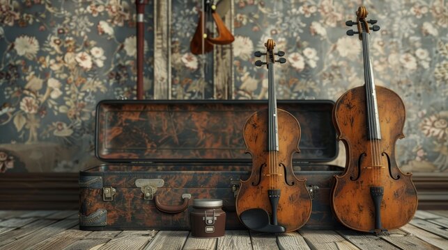 Two vintage violins and their cases rest against a floral patterned wall, evoking a sense of forgotten melodies.