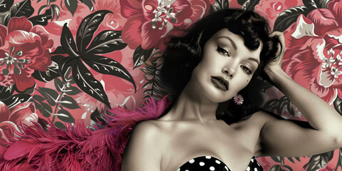 A flawless pin-up girl posing in front of a bold, floral wallpaper, wearing a cheeky polka dot bikini and feathery boa.