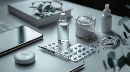 A white desk with a cell phone, a bottle of water, a bottle of pills