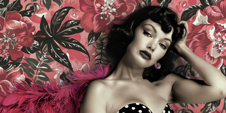 A flawless pin-up girl posing in front of a bold, floral wallpaper, wearing a cheeky polka dot bikini and feathery boa.