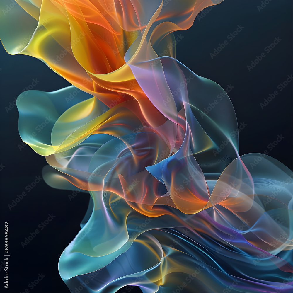 Poster vibrant, flowing waves of colorful smoke create an abstract, fluid, and dynamic visual against a dar