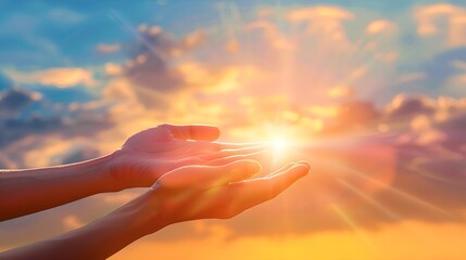 A pair of hands gently cradles a glowing light against a backdrop of a vibrant sunset and wispy clouds, conveying a sense of hope and connection. 