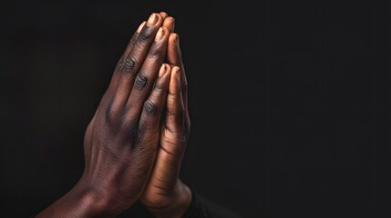 A close-up of two hands in a prayer position against a dark background, symbolizing spirituality and contemplation. 