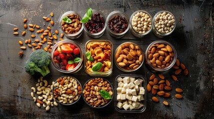Fototapeta premium A variety of nuts and seeds are displayed in glass containers on a table