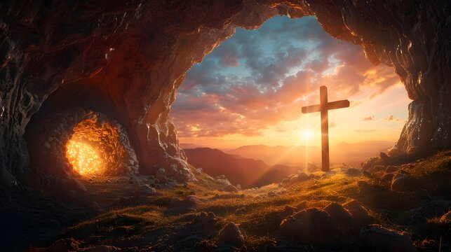 A serene sunset illuminating a cave entrance with a cross symbolizing hope and rebirth. 