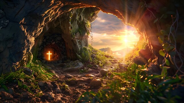 A serene sunrise illuminates a cave entrance with a glowing cross, symbolizing hope and renewal. 