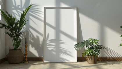 Bohemian home office with empty frame