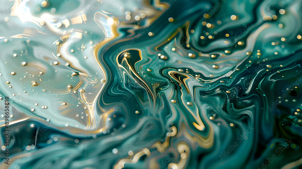 Poster Vivid teal and gold abstract fluid art design featuring swirling patterns and glossy texture, creating a luxurious and dynamic effect.