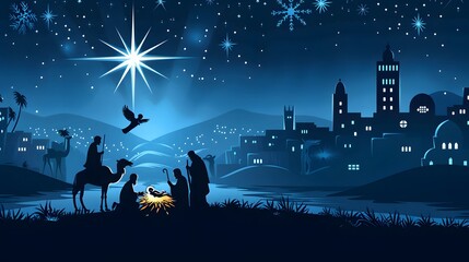 A tranquil and beautifully illustrated nativity scene under a starry night sky, depicting the birth of Jesus with silhouetted figures and animals in a serene landscape. 