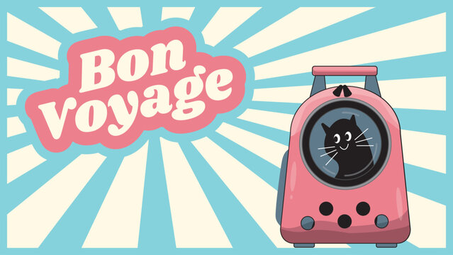 Bon voyage. Jpeg illustration. Retro flat style. 70s stile trevel card. Have a nice trip.