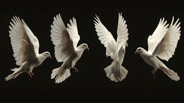 A series of four white doves in flight against a dark background, showcasing their elegant wings and graceful movements. 