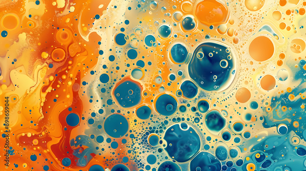 Poster A colorful abstract composition featuring vibrant bubbles in liquid, showcasing a dynamic interplay of orange and blue hues.