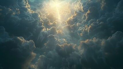 Obraz premium A breathtaking view of sunlight breaking through dramatic, textured clouds, creating an awe-inspiring celestial atmosphere.