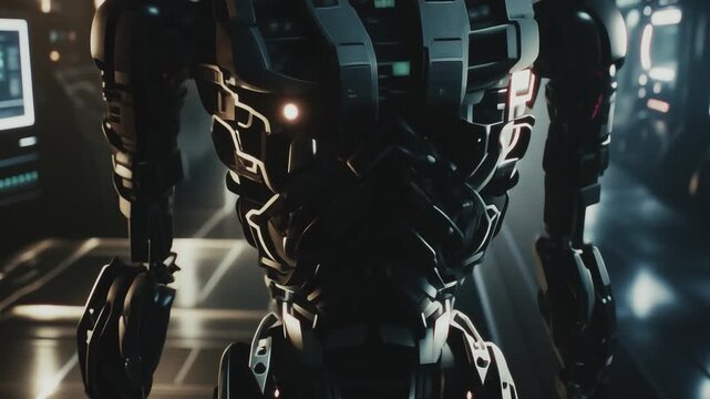 Close up of dangerous, humanoid, metal, robot soldier. Cinematic animation. Futuristic sci-fi theme. Artificial intelligence, robotics concepts. High quality 4k footage