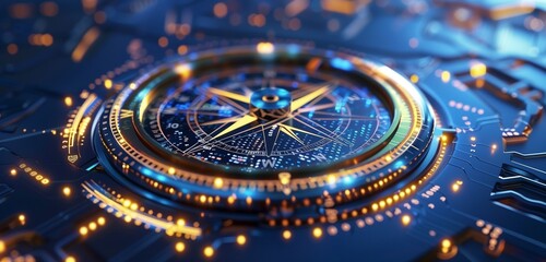 Futuristic compass by AI recalibrates HR strategies in real-time for workforce dynamics.