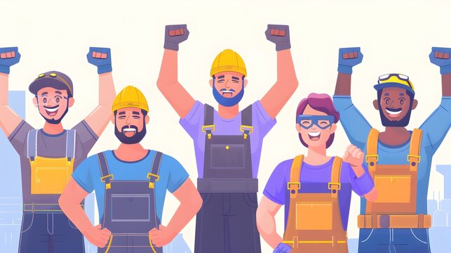 A diverse group of workers in various occupations stand together, united in celebration. The image focuses on their smiles and shared sense of accomplishment. 