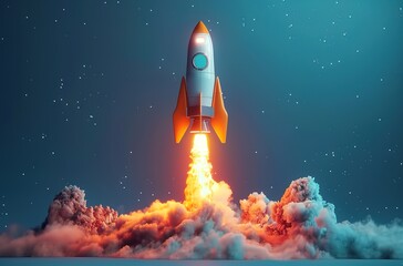A rocket soaring upwards in a simple cartoon style with a simple solid color background