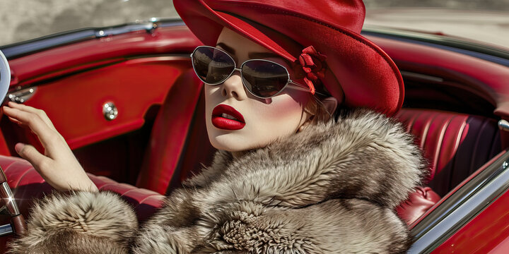 A pin-up model posing on a vintage convertible car, wearing a stylish fur coat and matching hat, her lips painted a bright red shade.