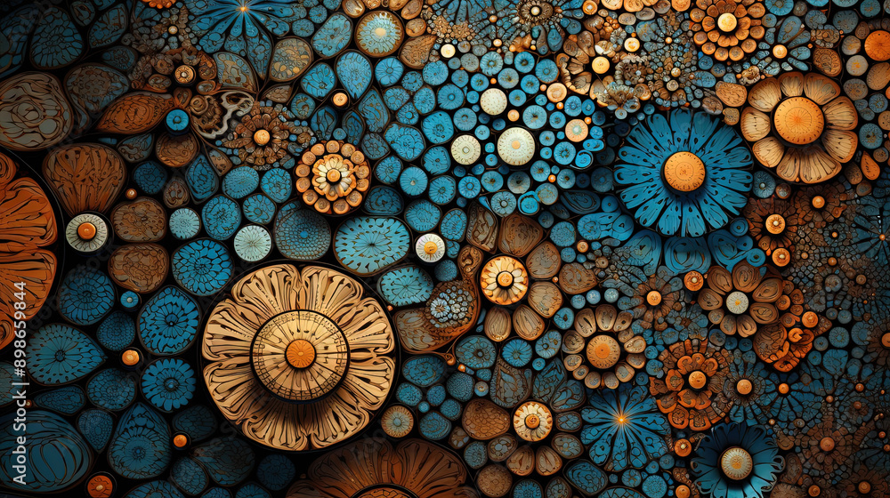 Poster abstract fractal ornament with floral elements and dotted texture.