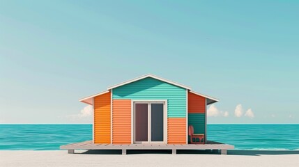 Obraz premium A vibrant beach house stands by the serene ocean, offering a perfect vacation escape with colorful design and scenic views.