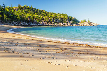 Obraz premium Picturesque golden sandy Arthur Beach with granite boulders and turquoise water on Magnetic Island, Queensland, Australia. The island is a holiday destination 8 km offshore of Townsville.