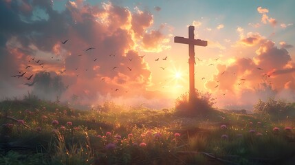 Fototapeta premium A stunning sunset scene featuring a cross surrounded by vibrant clouds, birds in flight, and lush greenery, evoking a sense of peace and spirituality. 