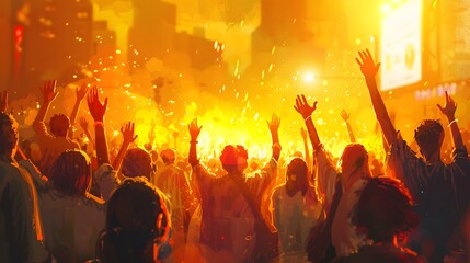 A vibrant and energetic crowd celebrating at a lively outdoor event, illuminated by warm golden light and surrounded by urban scenery. 