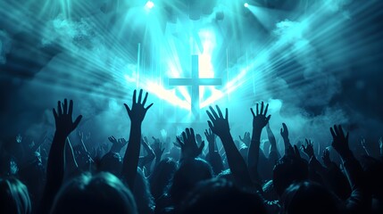 A vibrant worship scene featuring a large silhouette of a cross illuminated by dynamic blue lights and hands raised in the air, symbolizing praise and spiritual connection. 