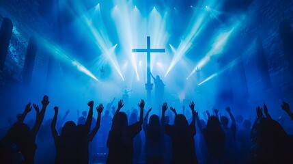 A vibrant worship scene with a silhouetted crowd raising their hands in praise under dramatic lighting in a church setting.