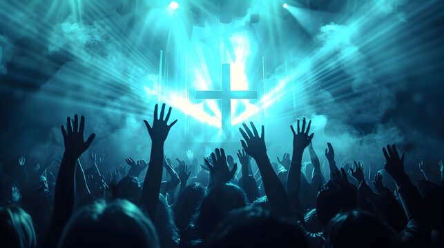 A vibrant worship scene featuring a large silhouette of a cross illuminated by dynamic blue lights and hands raised in the air, symbolizing praise and spiritual connection. 